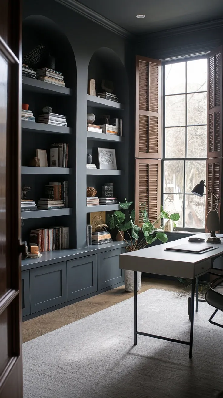 With its dark tones and natural light, this modern home office blends a cozy library design with functional office inspo for an ideal home office space.