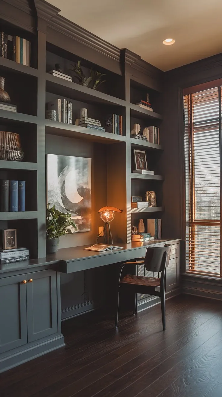 With its dark wood floor and stylish decor, this moody office setup blends modern aesthetics and functionality, perfect for a library office or home office space.