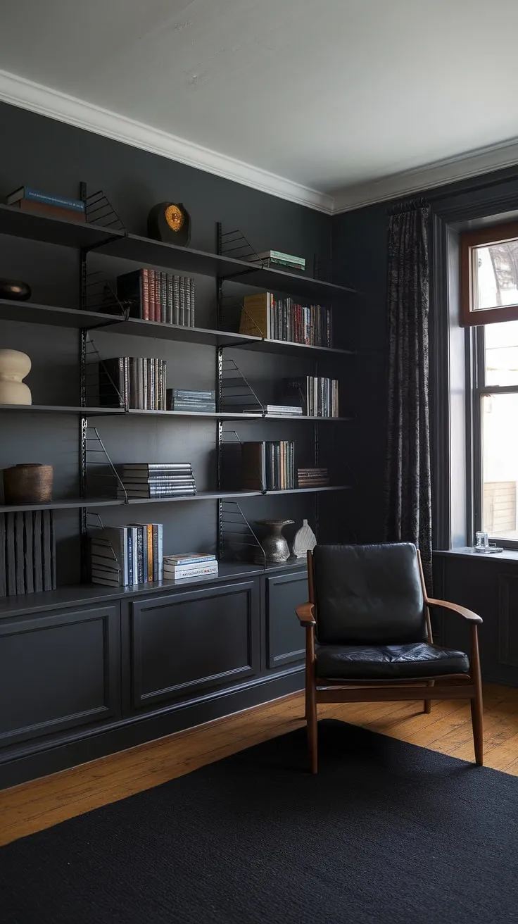 This moody home office features modern design elements with dark gray walls, a stylish black bookshelf, and a cozy reading nook, making it an inspiring space for an office remodel or home library design.