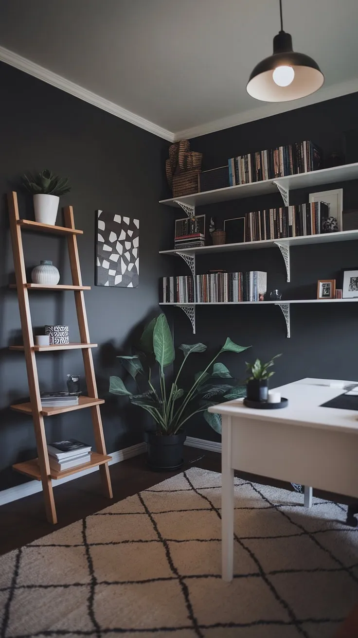 With its stylish blend of dark tones and bright accents, this moody office exemplifies modern home offices and offers perfect office inspo for a chic library office or home office space.