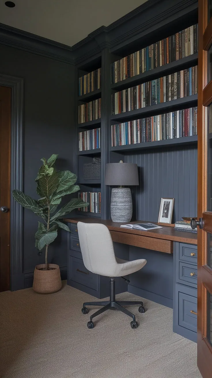 With its dark tones and functional layout, this moody office exemplifies modern home offices, blending a home library design with an inviting office library atmosphere.