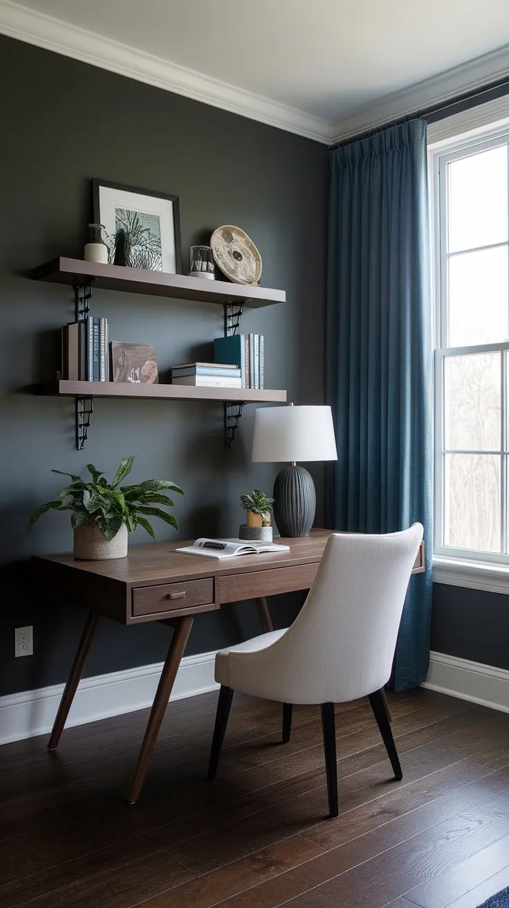 This moody home office features a modern design with a wooden desk, dark gray walls, and stylish shelves, making it an inspiring setup for a library office or office remodel.