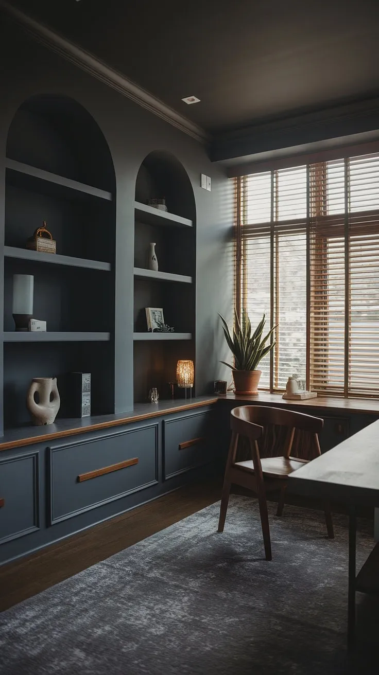 With its soft lighting and personal touches, this modern home office remodel combines functionality and aesthetics, making it an ideal home office space or library office.