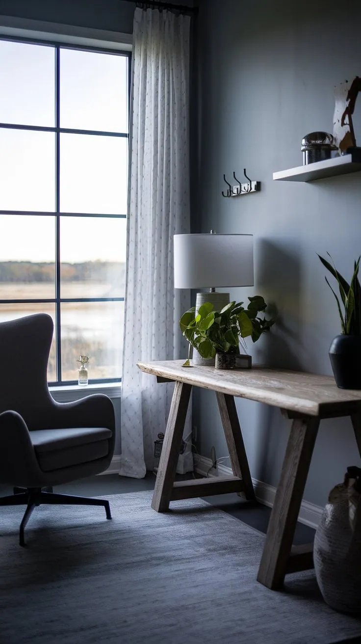 With its inviting gray tones and thoughtful decor, this moody office exemplifies modern home offices and offers great office inspo for a chic home office space or office library design.
