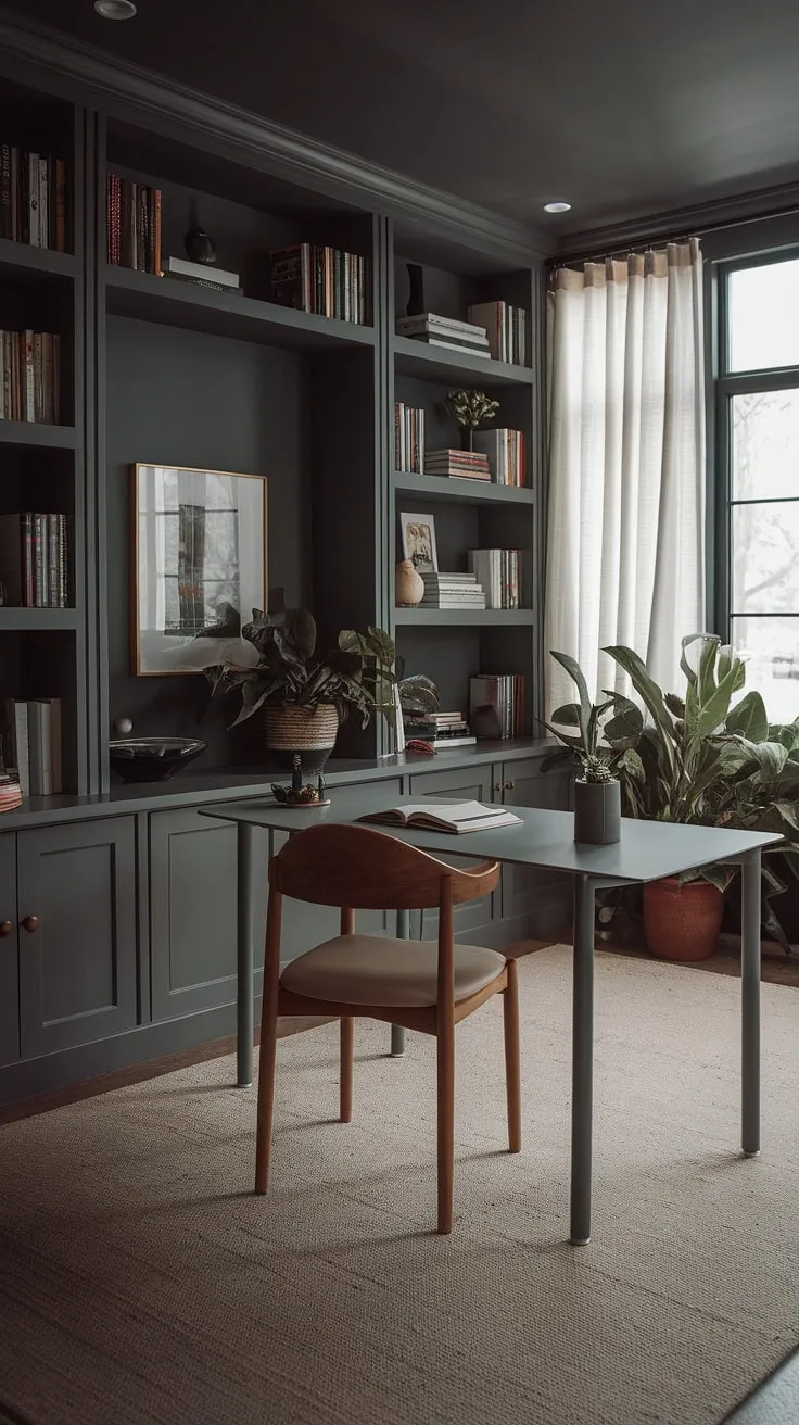 The modern home office showcases a moody aesthetic with a white desk, cozy library design elements, and a tranquil atmosphere perfect for an office remodel.