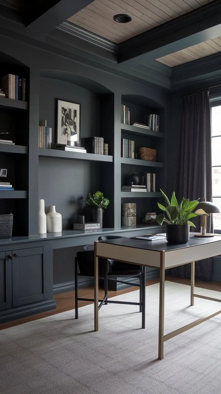 This moody home office features a modern design with dark grey walls, built-in shelves filled with books, and a stylish setup perfect for inspiring creativity in a home library office.