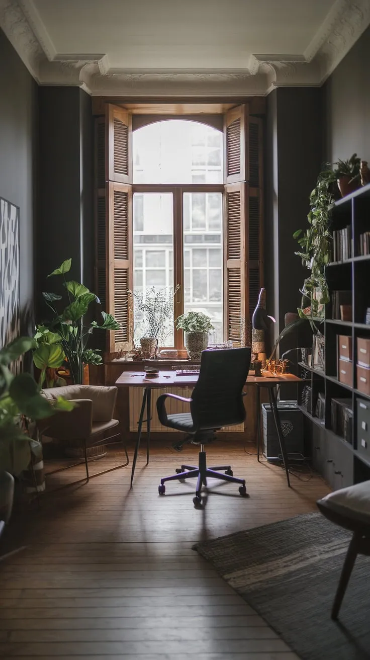 With its stylish wooden floor, desk, and bookshelf, this moody office exemplifies the ideal home office space for those seeking office inspo and a library office vibe.