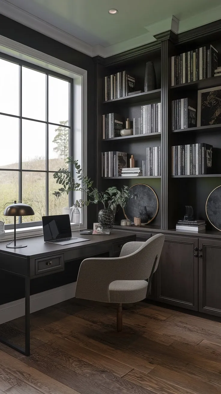 With its dark walls and natural light, this moody office blends modern home office aesthetics with a cozy library office vibe, perfect for an inspiring home office setup.