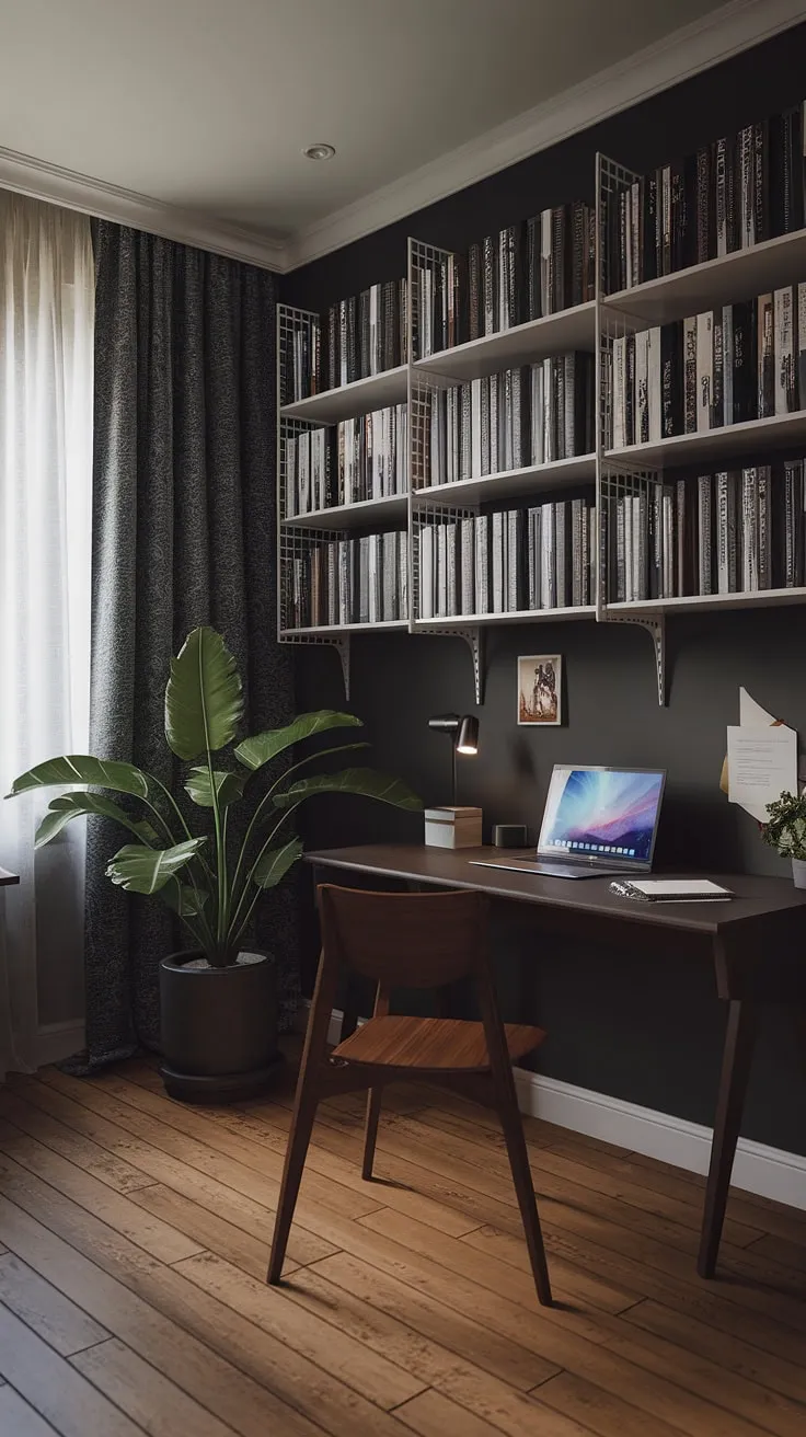 This moody home office features a modern design with dark grey walls, a cozy library office setup, and stylish decor that inspires creativity and productivity.