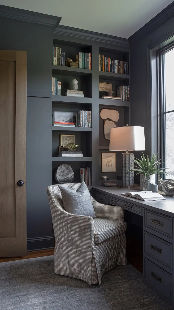 The modern home office showcases a moody aesthetic with its dark gray walls, built-in bookshelf, and inviting chair, making it an ideal space for a home office remodel or library office design.