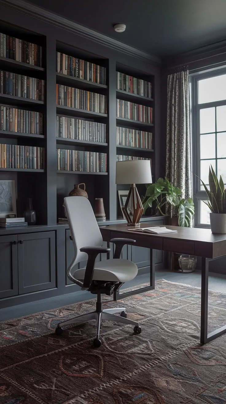 This moody home office features a modern design with dark grey walls, built-in bookshelves, and a stylish setup perfect for inspiring creativity in a home library office.