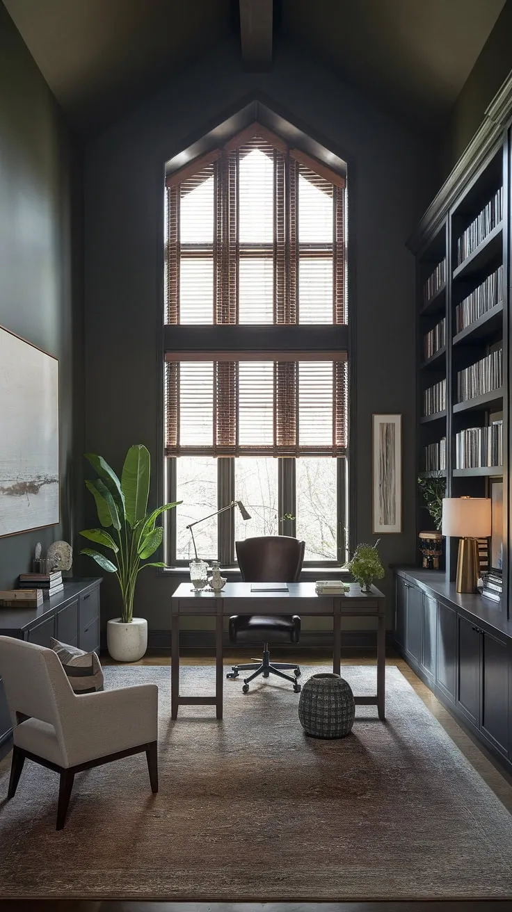 This moody home office features a modern library design with high ceilings, a large window, and a stylish setup that inspires creativity and productivity.