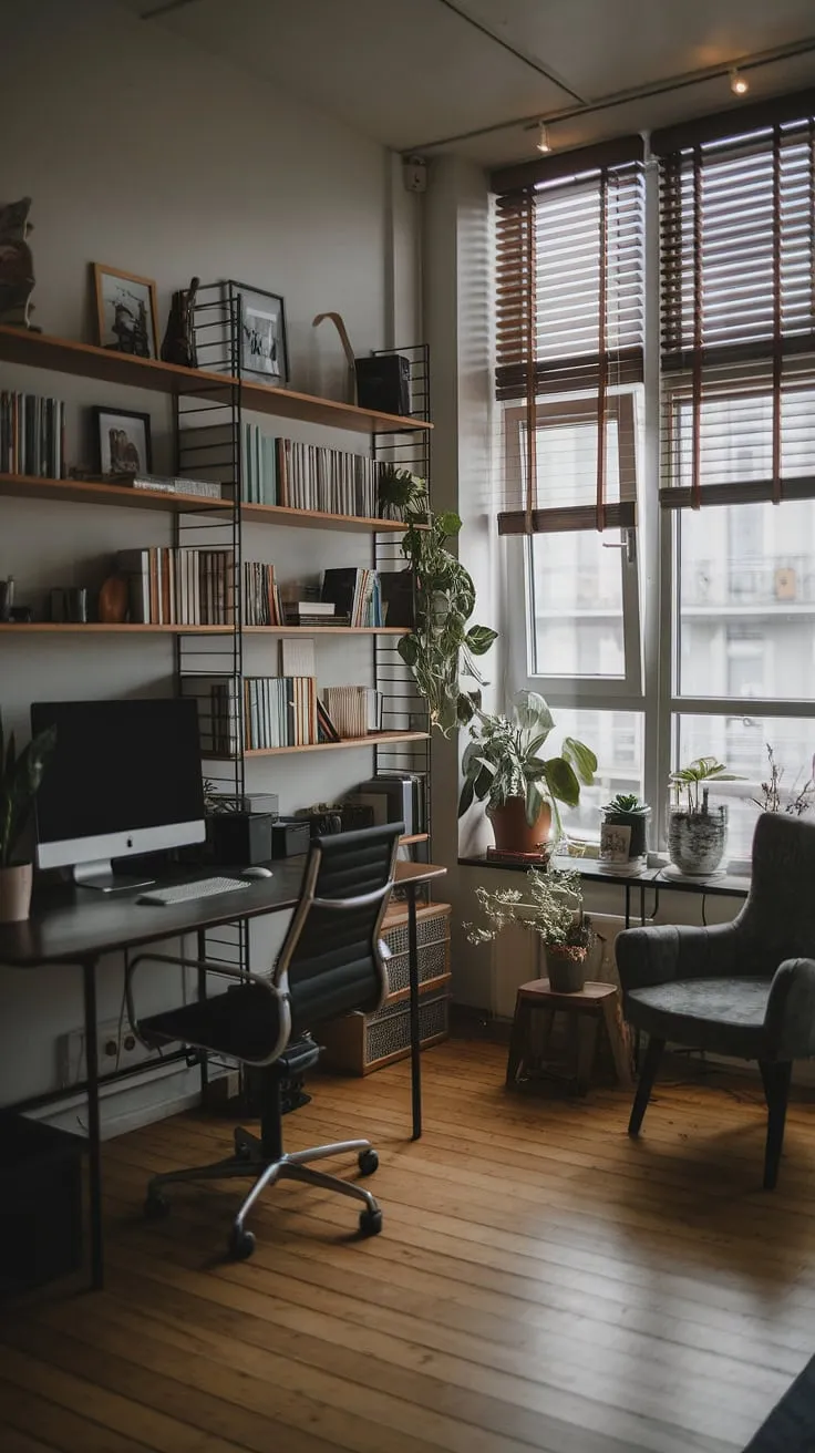 Featuring a blend of a moody office atmosphere and modern home offices design, this home office space includes a well-curated office library that enhances productivity and style.