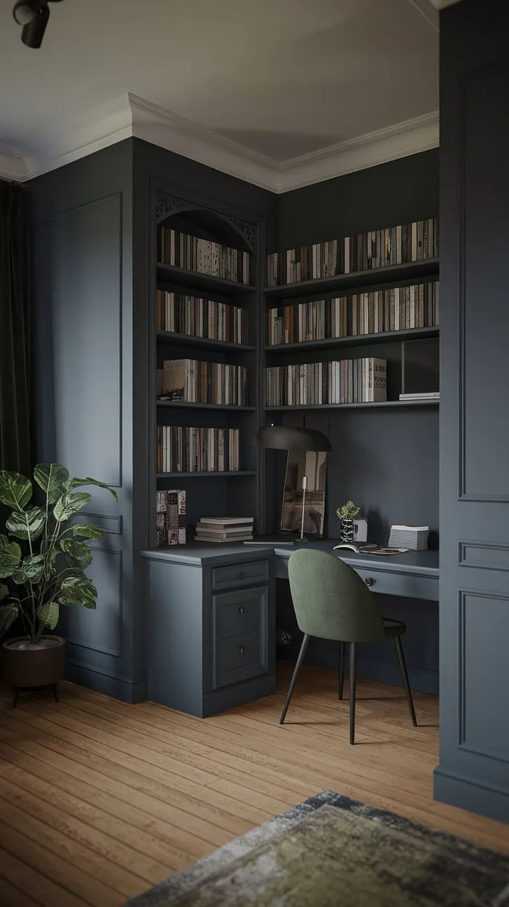 With its dark grey walls, wooden floor, and soft lighting, this moody office setup blends modern aesthetics with functionality, perfect for a home office space or library office.