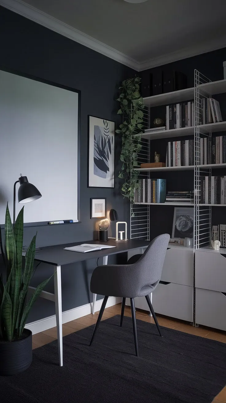 This moody home office features a modern setup with dark gray walls, a stylish white desk, and a cozy library office vibe, perfect for inspiring creativity in your home office space.