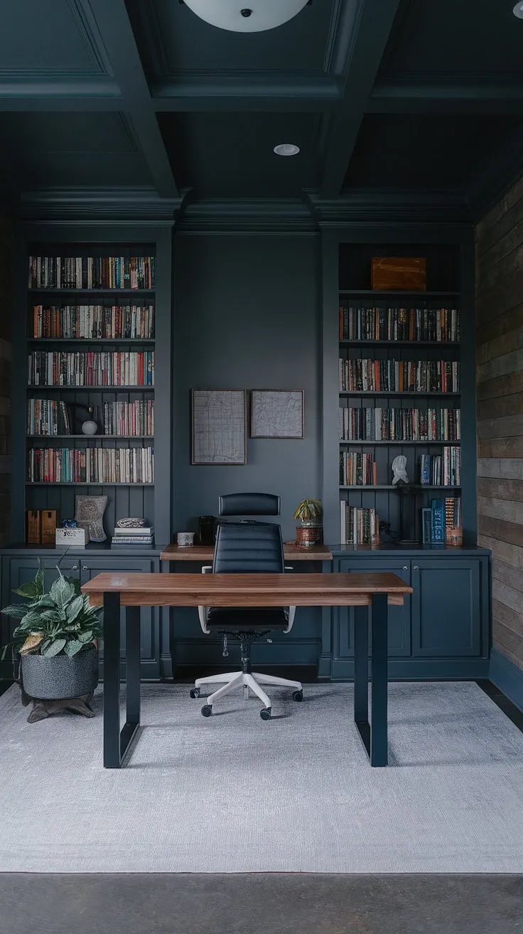 With its dark tones and sleek furnishings, this moody office exemplifies modern home offices, blending a home library design with functional office inspo for an ideal home office space.