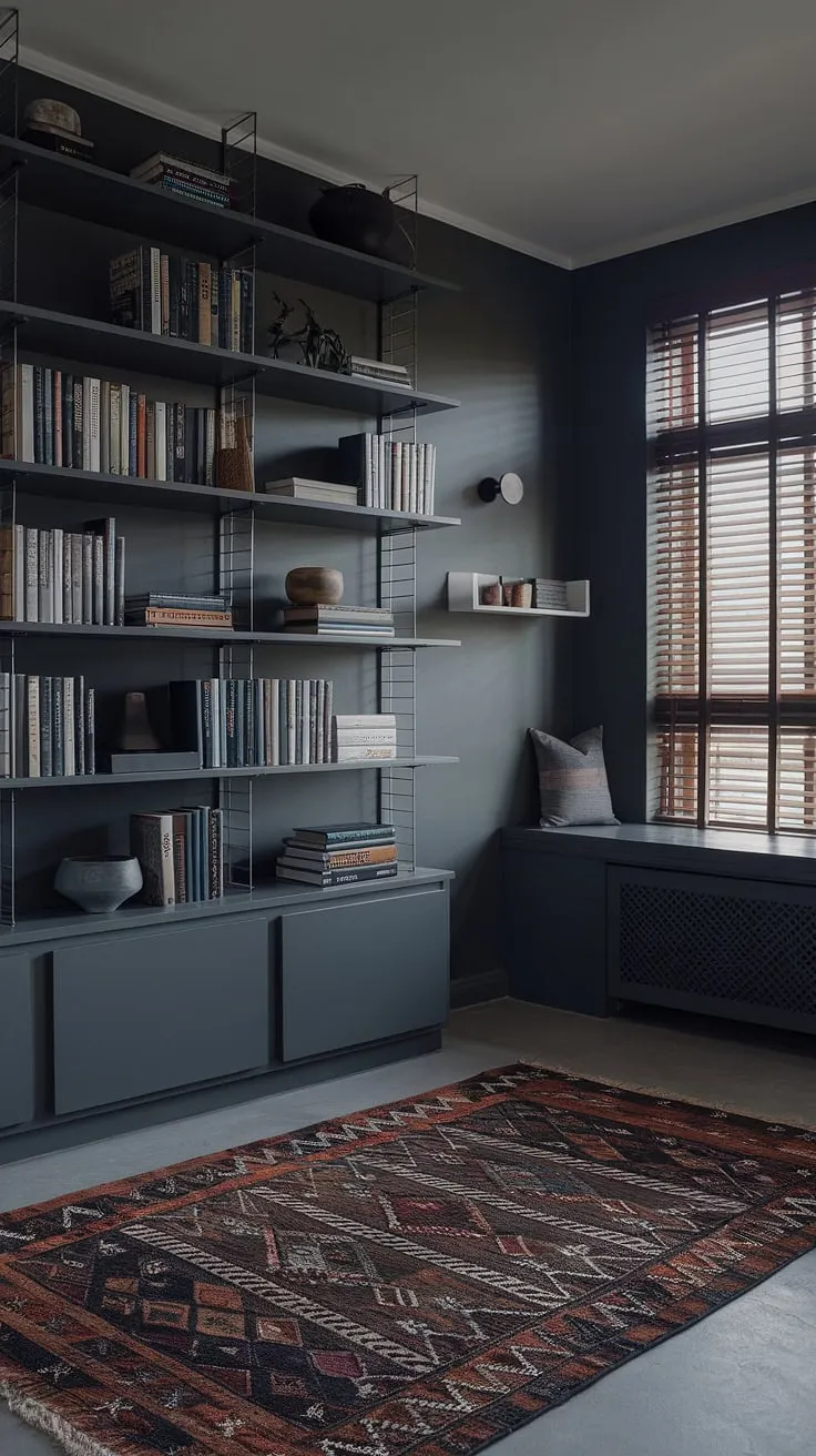 With its dark tones and elegant furnishings, this moody office exemplifies modern home offices, blending a library office aesthetic with functional home office setup ideas.