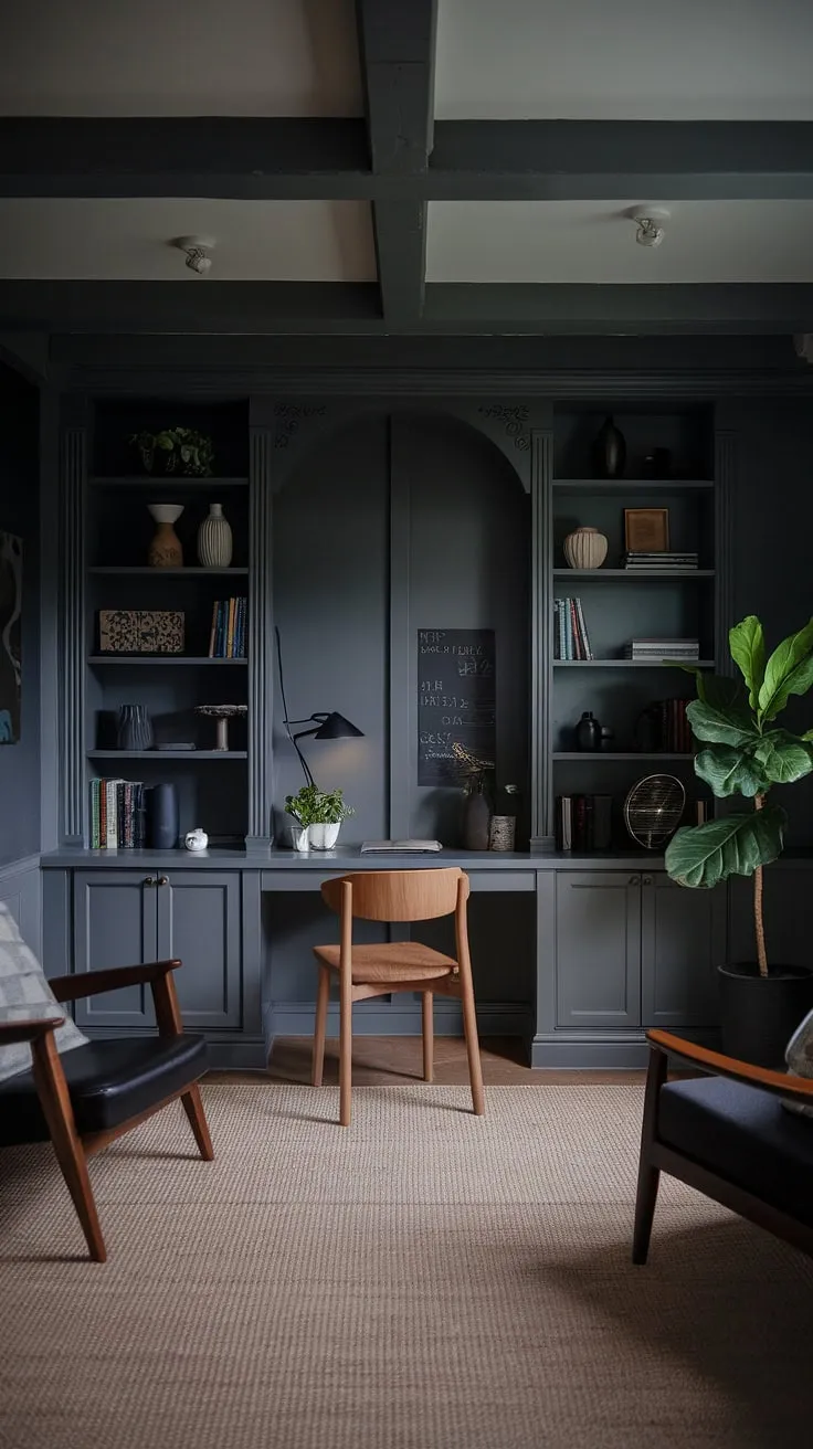 This moody home office features a modern design with dark grey walls, a built-in bookshelf, and a cozy reading nook, perfect for inspiring your next office remodel or home library design.