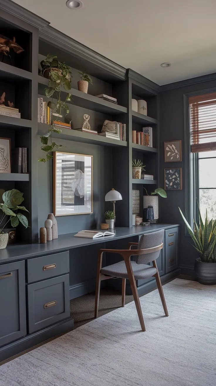 The stylish office library combines a moody aesthetic with modern home office elements, creating an inviting space for work and relaxation.