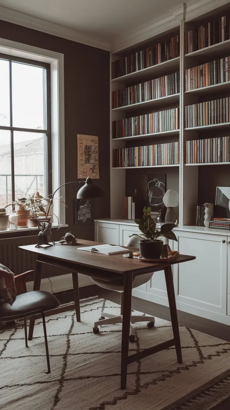 This moody home office features a modern design with dark grey walls, a white bookshelf, and a cozy setup perfect for inspiring creativity in a stylish office library.