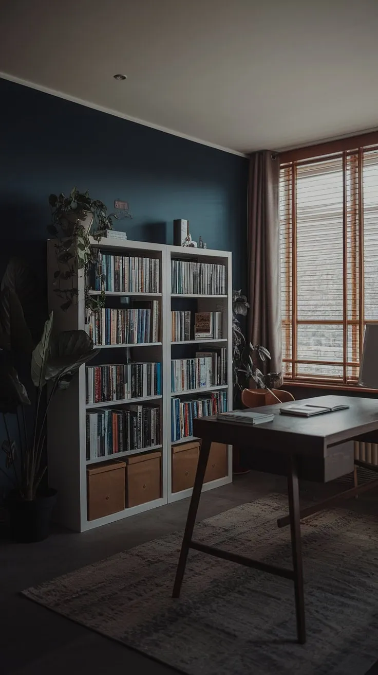 The stylish home office space combines a moody atmosphere with a functional office library, showcasing a wooden desk and a white bookshelf against a striking dark blue backdrop.