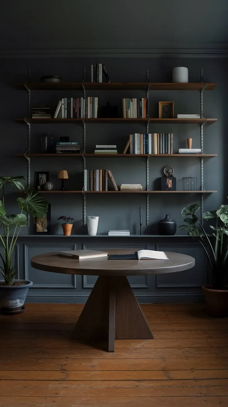 With its dark hues and elegant wooden accents, this moody office blends modern home office aesthetics with a cozy library office vibe, perfect for creative inspiration.