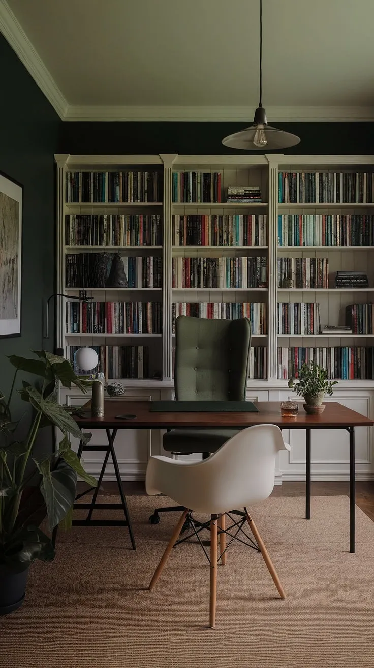 The modern home office showcases a moody aesthetic with dark green walls, a chic office library, and a thoughtfully designed home office space perfect for productivity.
