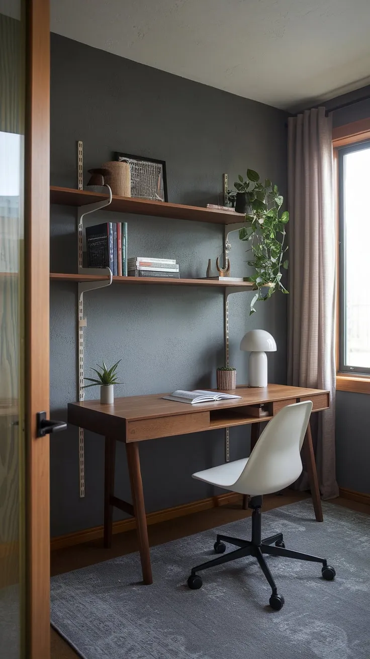 With its stylish gray walls and wooden accents, this moody office blends modern home office aesthetics with a chic library office vibe for ultimate home office inspo.