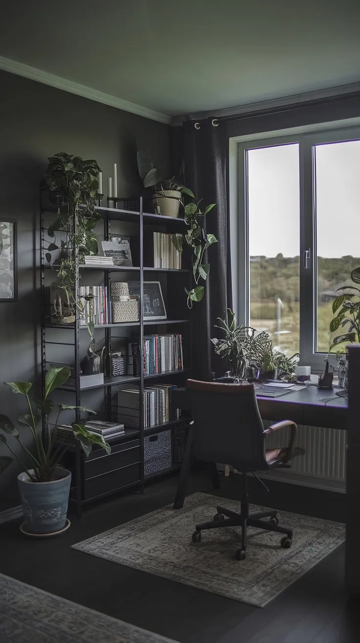 The stylish moody office combines a modern home office aesthetic with a well-curated office library, creating an inviting home office space perfect for productivity.