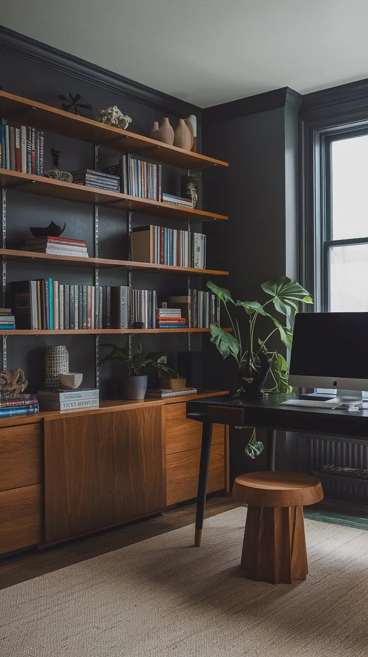 With its dark gray walls, wooden accents, and natural light, this moody office exemplifies modern home offices and offers great office inspo for a cozy library office setup.