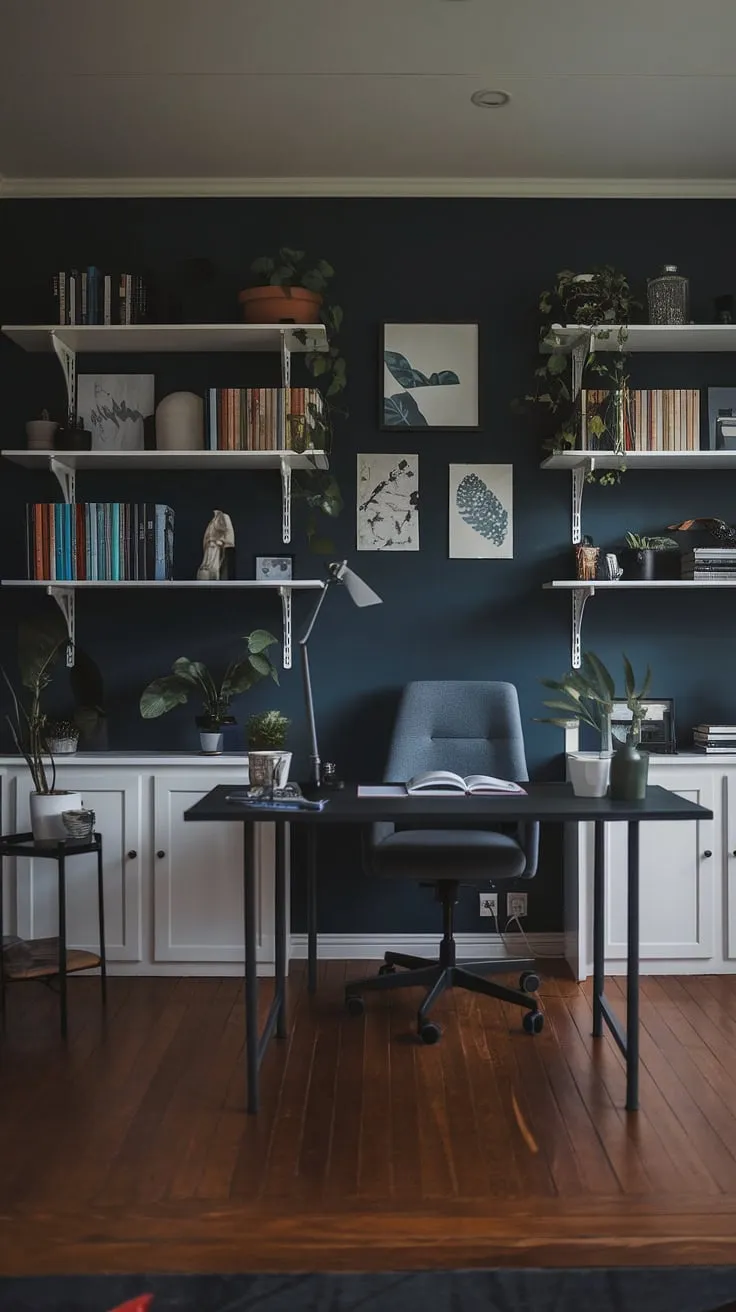 This moody home office features a modern design with dark blue walls, white shelves filled with books and plants, and a cozy setup perfect for an inspiring office library.