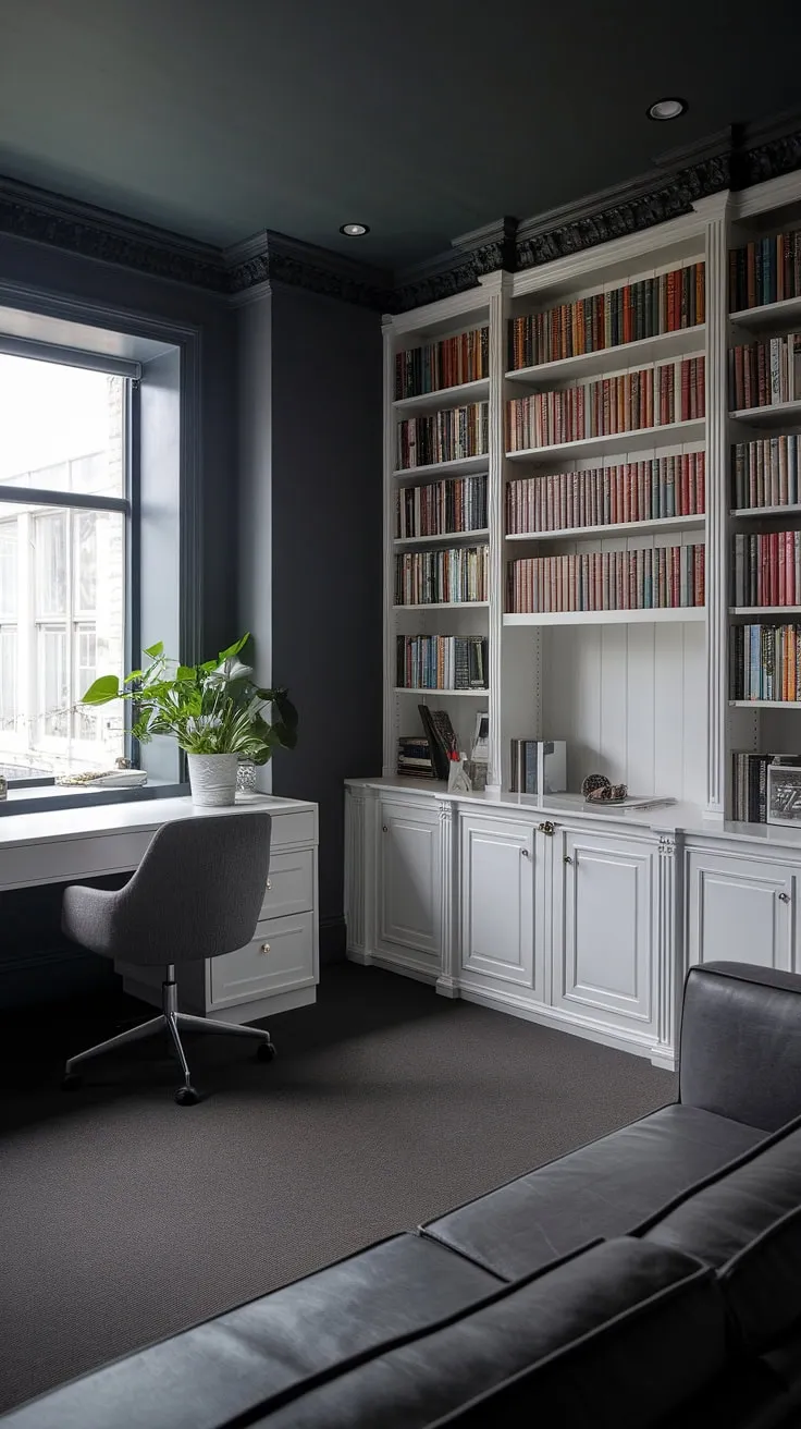 The modern home office showcases a moody aesthetic with dark gray walls, a chic desk setup, and a library office vibe, perfect for an inspiring home office space.