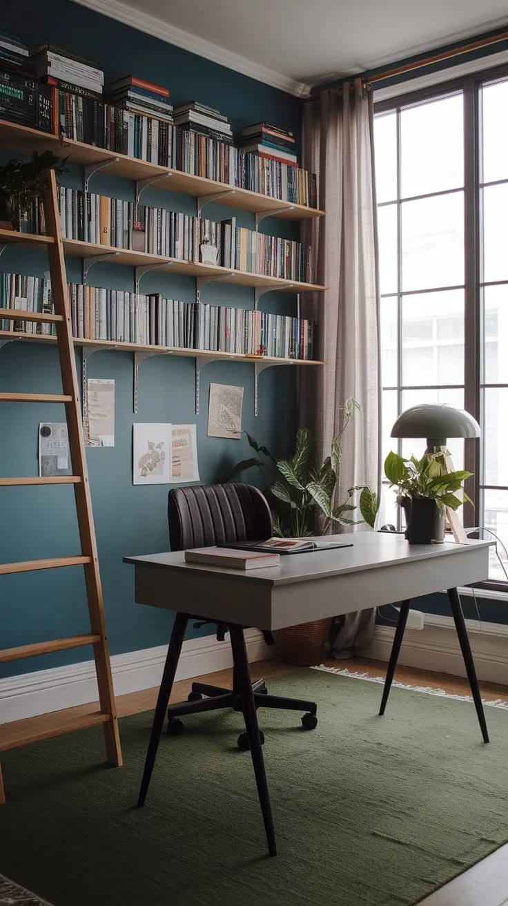 This moody home office features a modern design with blue walls, a white desk, and a cozy reading nook, making it an inspiring space for an office remodel or home library design.