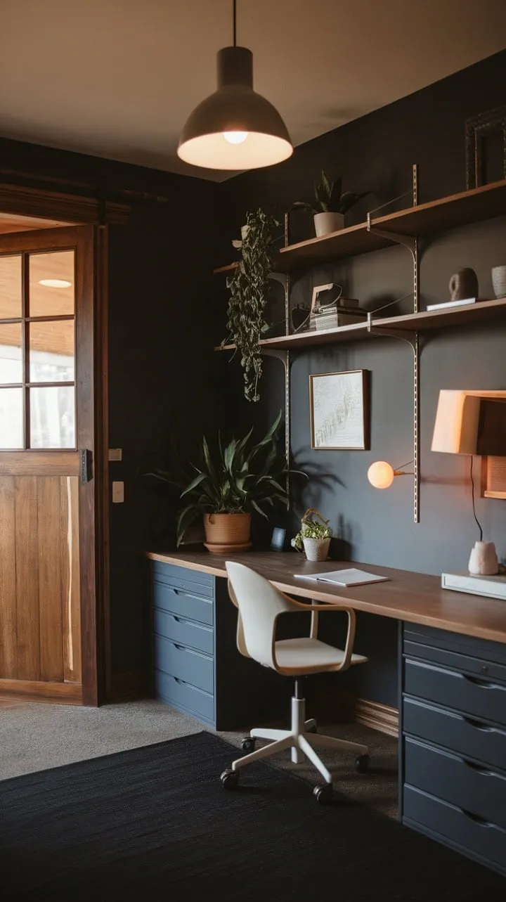 This inviting home office harmoniously fuses modern elegance with rustic warmth, creating a serene sanctuary for productivity and reflection.