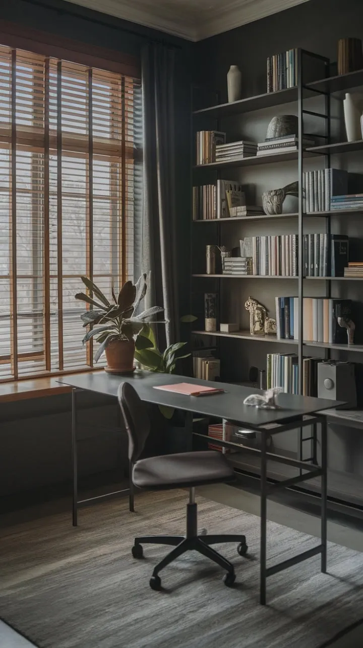 In this modern home office, dark gray walls and gentle natural light foster a productive oasis, where a minimalist desk and a well-stocked bookshelf harmonize with a serene view.