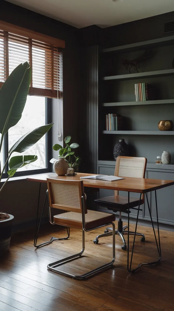 In this modern home office, dark walls and natural light harmonize with a wooden desk, lush plant, and curated bookshelf, crafting a serene sanctuary for productivity and reflection.