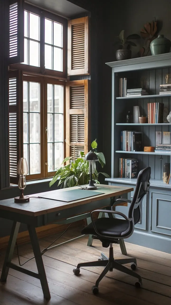 In a harmonious blend of dark grey walls and warm wooden accents, this modern home office exudes a tranquil yet productive vibe, enhanced by a vintage lamp's glow and a splash of greenery.