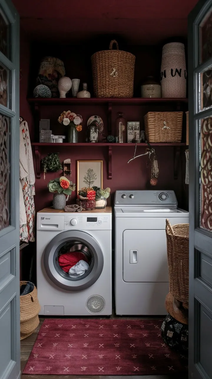 This laundry room blends deep crimson tones and vintage charm with modern appliances, creating a surprisingly luxurious retreat in a country home.