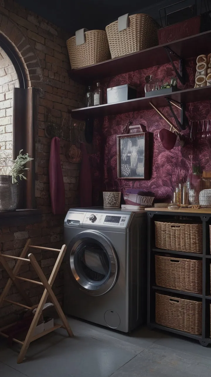 This enchanting laundry room celebrates the charm of imperfection with its aged brick, vintage appliances, and rich burgundy hues, creating a captivating blend of functionality and personalized style.