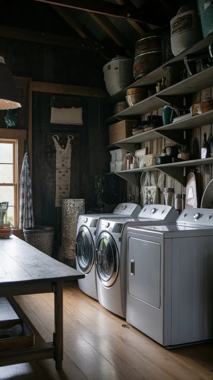 This rustic barndominium laundry room harmoniously fuses Tuscan charm with country coziness, creating a maximalist haven of curated chaos and effortless functionality.