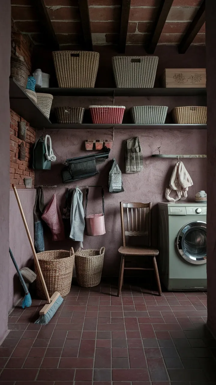 This Tuscan-inspired laundry room transforms mundane chores into an artistic experience with its rich burgundy tiles, exposed brick, and eclectic decor.