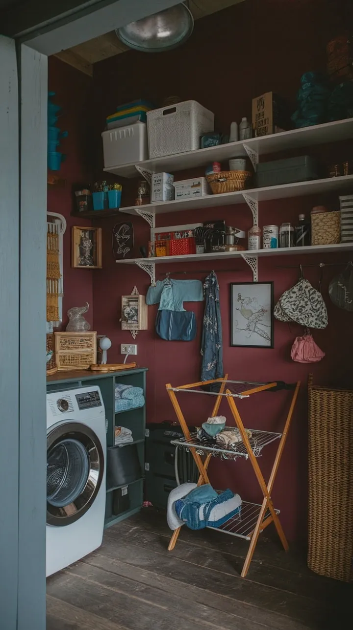 In a barndominium's laundry room, rich burgundy walls and cozy lighting transform utilitarian chaos into a stylish sanctuary of personality.
