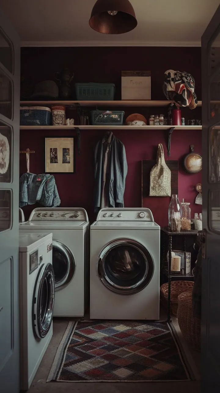 This enchanting laundry room, bathed in burgundy and vintage charm, showcases a curated collection of antique machines that tell stories of craftsmanship and nostalgia.