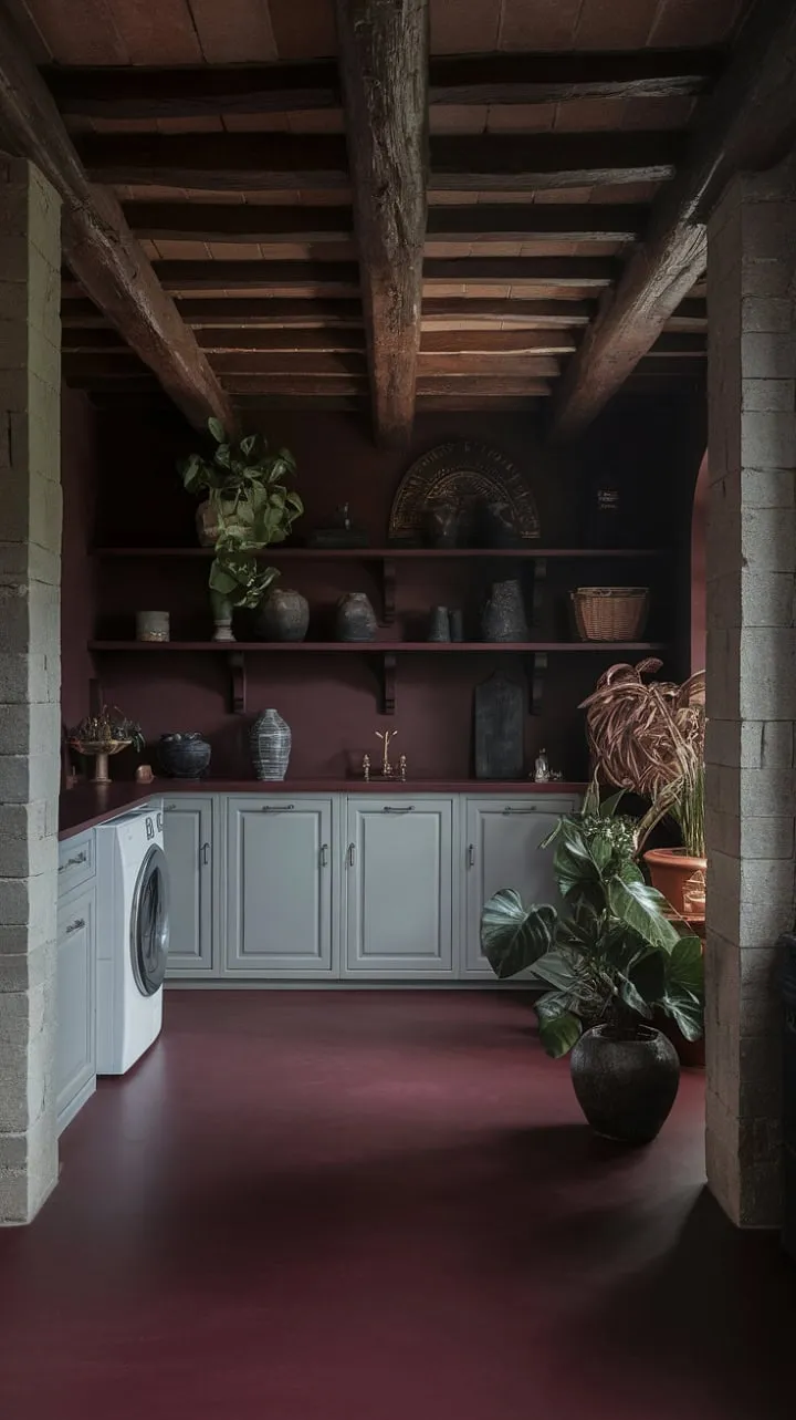 This Tuscan-inspired laundry room masterfully fuses rustic charm with sophisticated elegance, showcasing how to transform a utilitarian space into a captivating haven of moody maximalism.