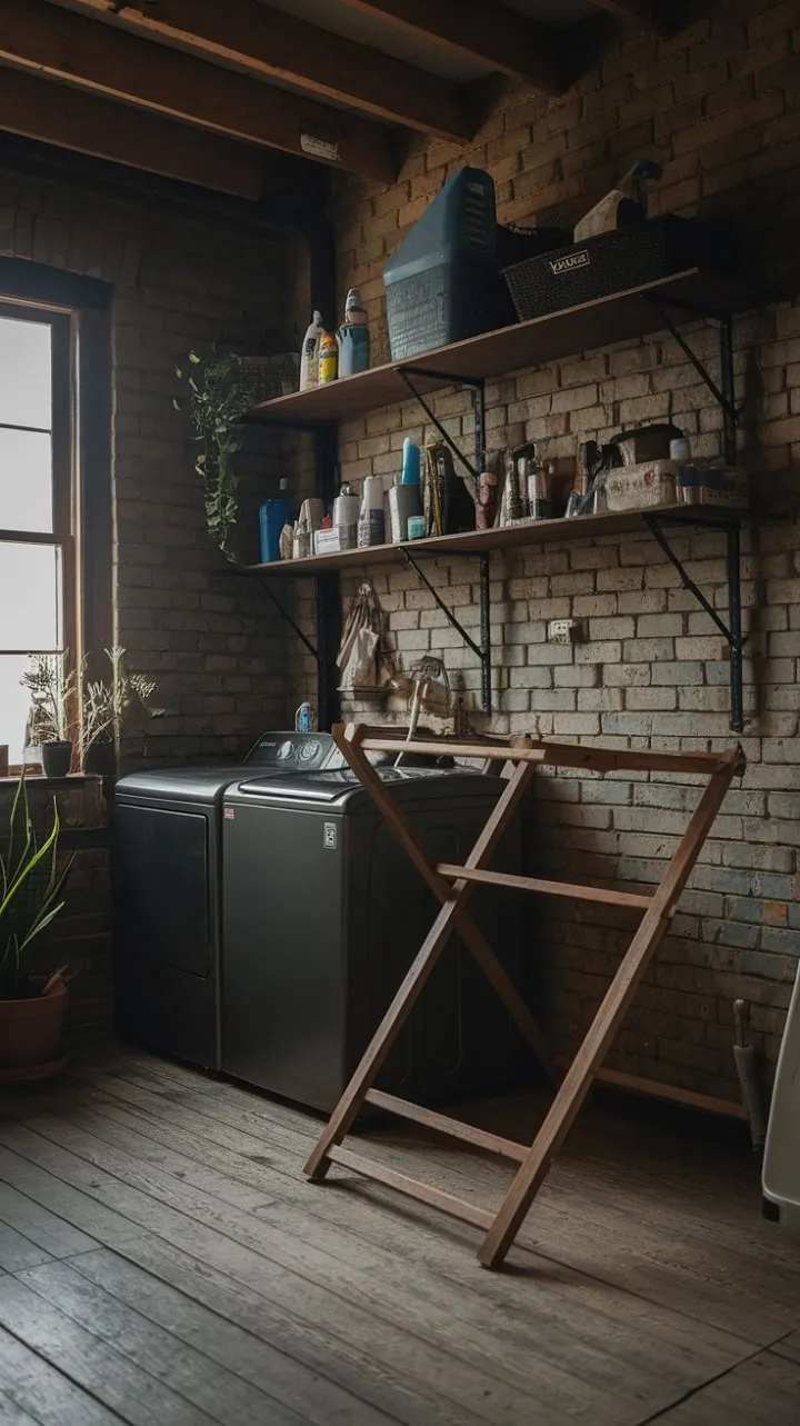 In this barndominium laundry room, dark academia's moody elegance intertwines with rustic charm, creating a cozy yet practical haven adorned with personal touches and a striking wooden drying rack.