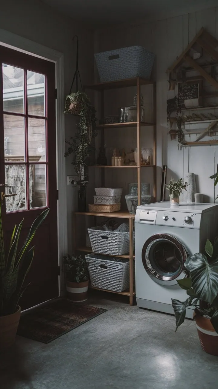 In a rustic haven, a vintage washing machine hums softly in a dark, atmospheric laundry room adorned with cherished objects and framed by a burgundy door and lush greenery.