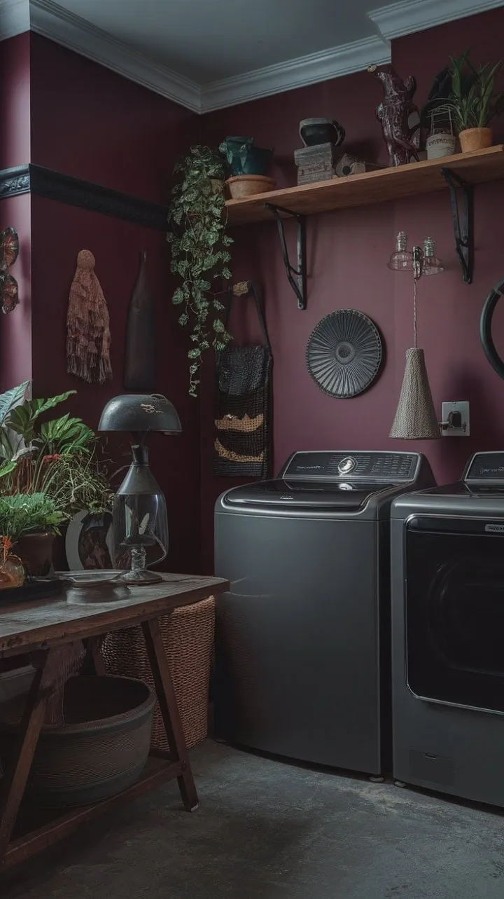 This laundry room blends deep burgundy tones and vintage treasures with lush greenery, creating a captivating yet serene haven of practicality and personality.