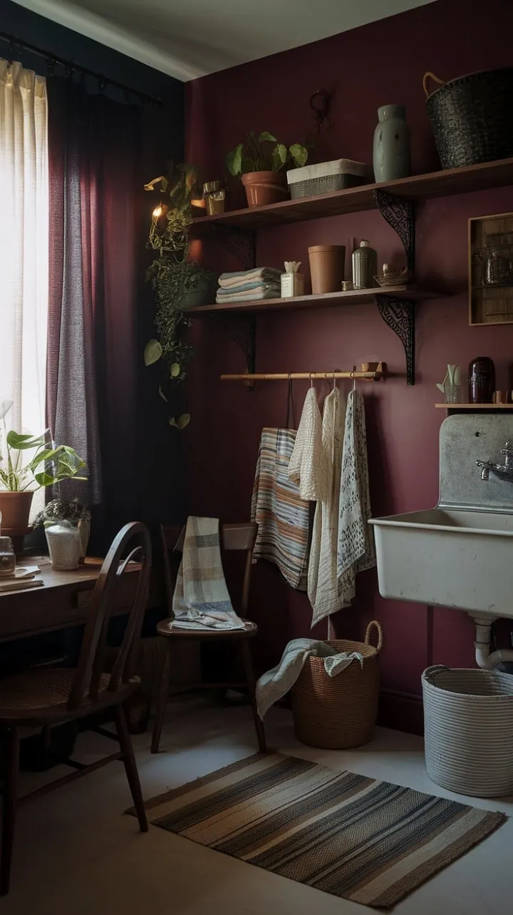 In a dimly lit laundry room with crimson walls, the air is thick with the scent of linen and aged wood, where curated bottles and baskets celebrate the charm of everyday rituals.