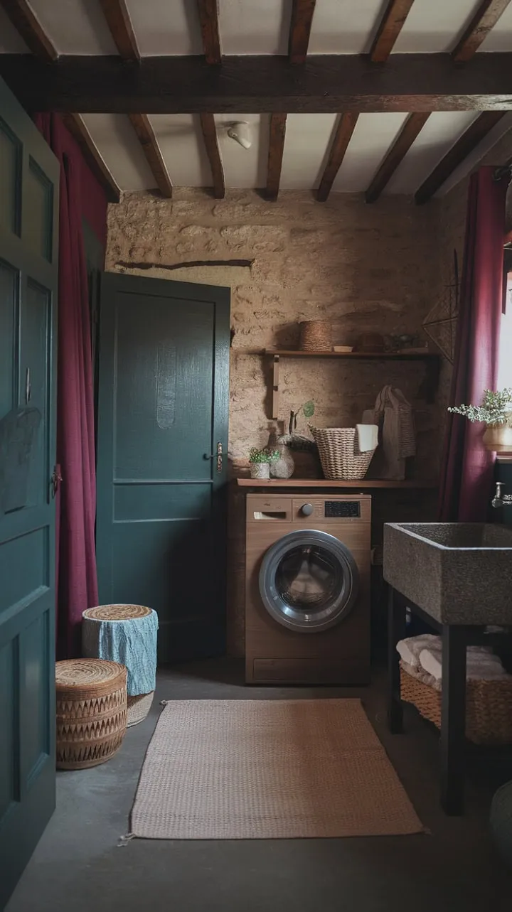 This enchanting laundry room, adorned with rustic stone and aged wood, blends nostalgic charm with a touch of mystery through its deep green door and burgundy curtain.