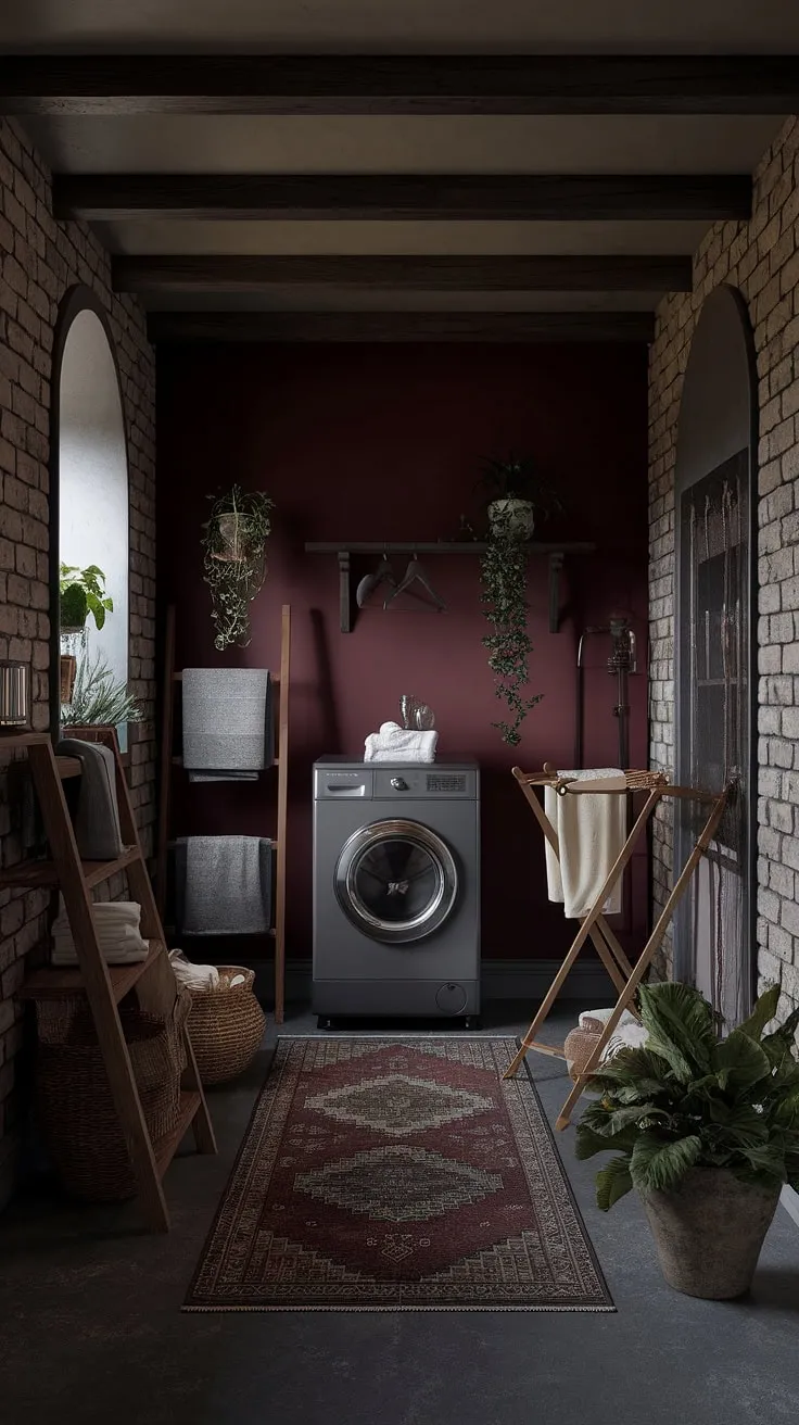 With its exposed brick walls, wooden beams, and eclectic decor, this dark academia laundry room showcases a captivating blend of country house decoration and moody aesthetics.